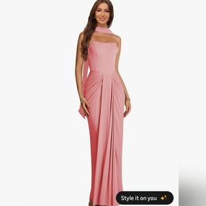 Coral Chiffon Dress With Scarf Stapless Mermaid Long Pleated Formal Evening Maxi